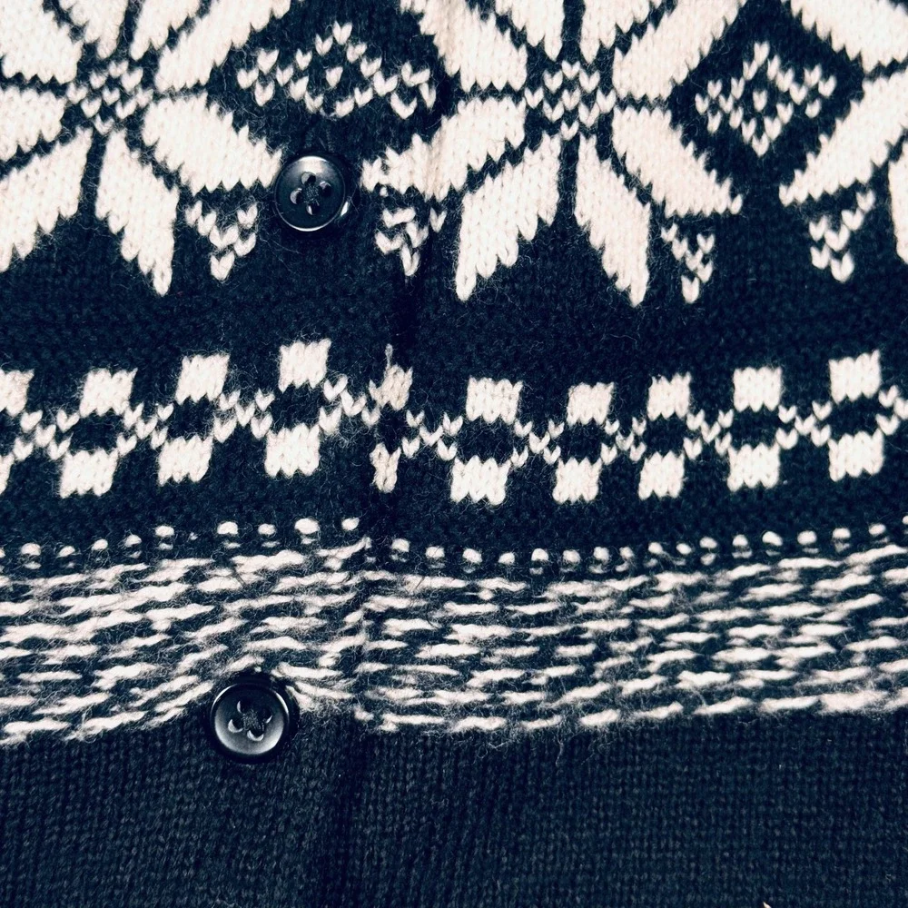 Talbots Cardigan Sweater Womens Large Black White Fair Isle Nordic Button Front‎